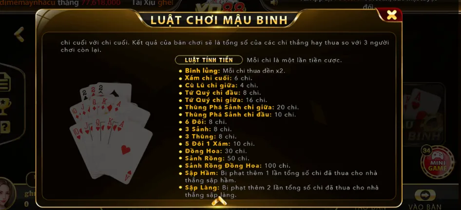 Luật tính tiền tại game bài Mậu Binh Yo88